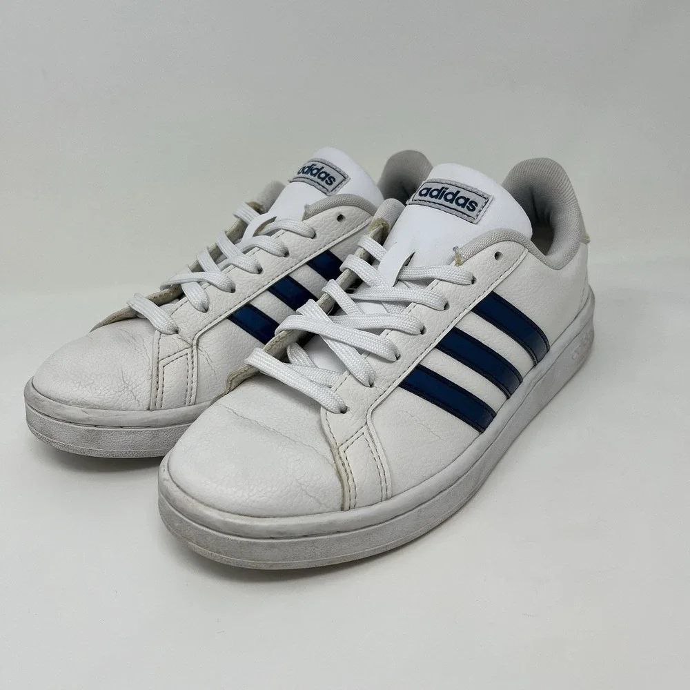 adidas Grand Court Leather Sneakers Womens 6.5 White Navy Blue Cloudfoam G28972